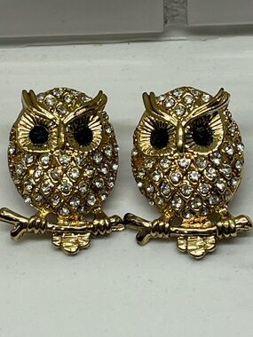 Gold Crystal Owl Stud Earrings - Women's Jewelry